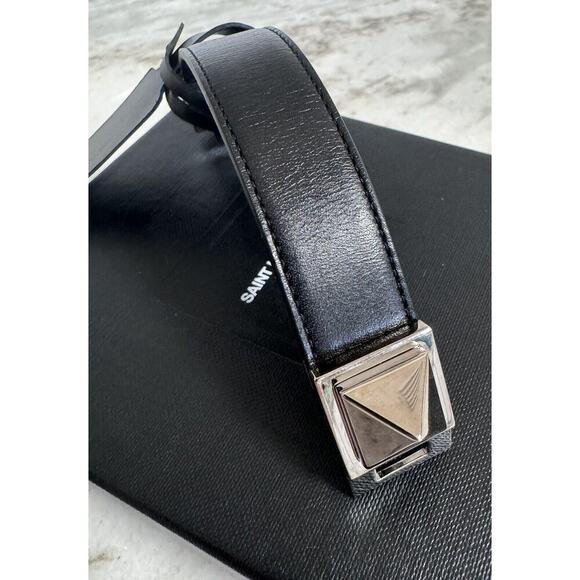 Auth Saint Laurent YSL Black Leather Stud Bracelet Small Sized Metal - Picture 11 of 16